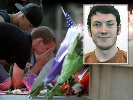 James Holmes, inset, A man holds his face in his hands in front of a memorial after a prayer vigil
