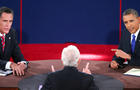Image from third and final presidential debate shows moderator Bob Schieffer, of CBS News, with back to camera, Mitt Romney on left and President Obama on right  