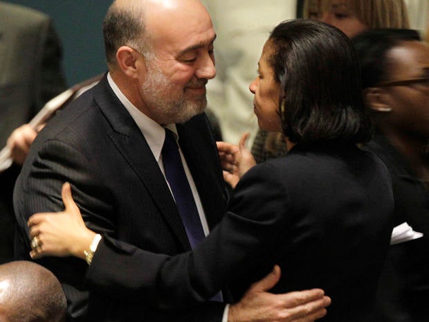 Israel's Permanent Representative to the United Nations Ron Prosor embraces U.S. Ambassador Susan Rice
