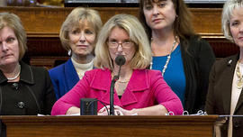 Rep. Jodie Laubenberg, R-Parker, center, sponsor of Senate Bill 5, is flanked by fellow Republicans during the second reading of the abortion bill on the House floor of the Texas State Capitol in Austin, Texas, on Sunday, June 23, 2013.