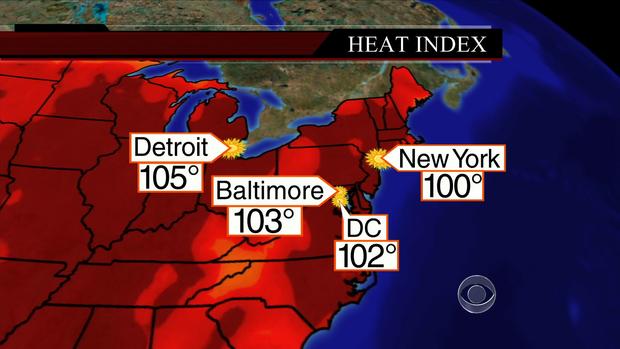 Map of the United States shows temperatures for major cities on Wednesday, July 17, 2013.