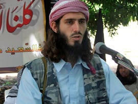 American-born Islamist militant Omar Hammami addresses a press conference of the militant group al-Shabab at a farm in southern Mogadishu's Afgoye district in Somalia May 11, 2011.