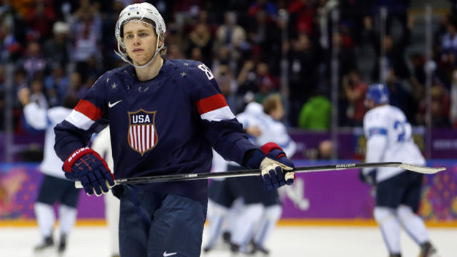 USA forward Patrick Kane skates off the ice after the USA lost 5-0 to Finland in the men's bronze medal ice hockey game at the 2014 Winter Olympics Feb. 22, 2014, in Sochi, Russia. 
