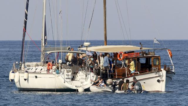 ​Pro-Palestinian activists embark on a sailing boat, to be part of a small flotilla that tried to challenge Israel's sea blockade of the Gaza Strip, in the open sea near Plaka on the island of Crete, Greece 