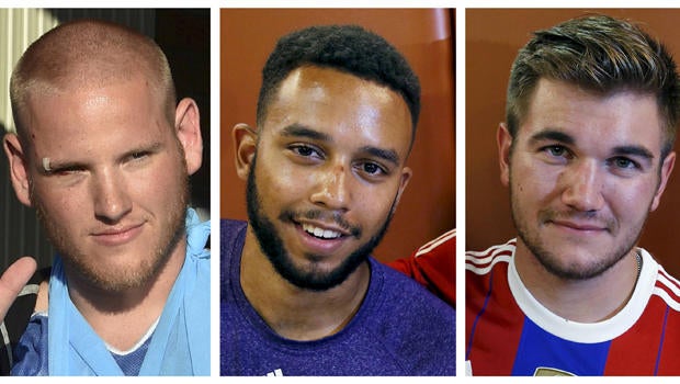 A combination photo shows U.S. Airman Spencer Stone, left, Anthony Sadler, center, and U.S. National Guardsman Alek Skarlatos as Stone departs a clinic in Lesquin, France, and as Sadler and Skarlatos pose after they were recognized for their bravery in Ar