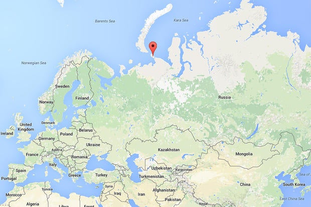 A red pin marks the location of Vaygach island, just off Russia's northern coast