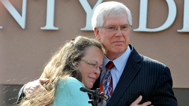 Kim Davis hugs her attorney Mathew Staver after walking out of jail in Grayson, Kentucky, Sept. 8, 2015.