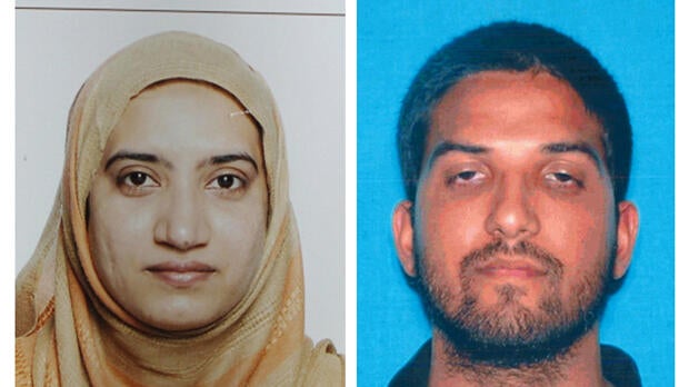 This undated combination of photos provided by the FBI, left, and the California Department of Motor Vehicles shows Tashfeen Malik, left, and Syed Rizwan Farook.