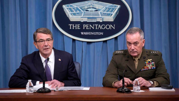 U.S. Secretary of Defense Ash Carter, left, and Chairman of the Joint Chiefs of Staff Gen. Joseph Dunford speak to press about counter-ISIS operations at the Pentagon March 25, 2016.