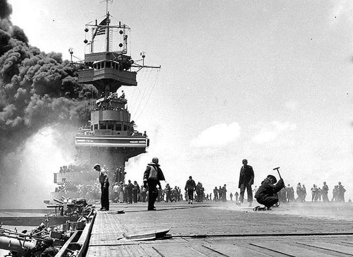 Midway Atoll 1942 The Battle Of Midway Pictures CBS News   Battle Of Midway Yorktown On Fire Nara 