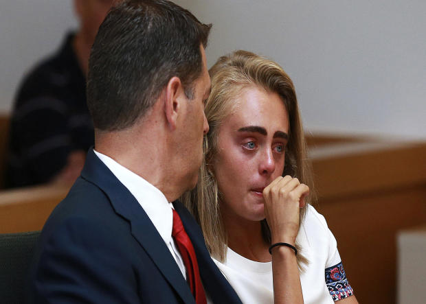 Michelle Carter awaits her sentencing in a courtroom in Taunton, Mass., Aug. 3, 2017, for involuntary manslaughter for encouraging Conrad Roy III to kill himself in July 2014. 