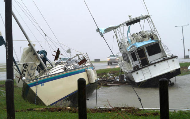 Boats are pushed ashore by Hurricane Harvey in Port Lavaca 