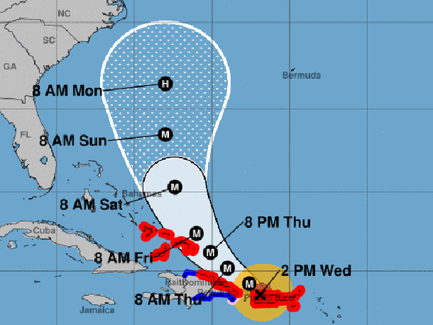 A map shows the probable path for Hurricane Maria as of 2 p.m. ET on Sept. 20, 2017. The M stands for "major hurricane." The red areas represent hurricane warnings. The blue areas represent tropical storm warnings.