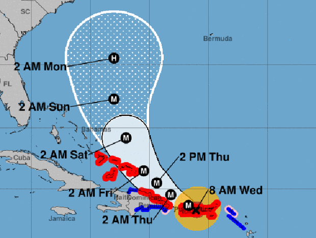 A map shows the probable path for Hurricane Maria as of 8 a.m. ET on Sept. 20, 2017. The M stands for "major hurricane." The red areas represent hurricane warnings. The blue areas represent tropical storm warnings.