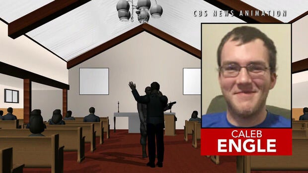 A photo of Robert Caleb Engle, an usher at Burnette Chapel Church of Christ in Nashville, Tennessee, is inset in an image capture of an animation of a deadly shooting at the church on Sept. 24, 2017.