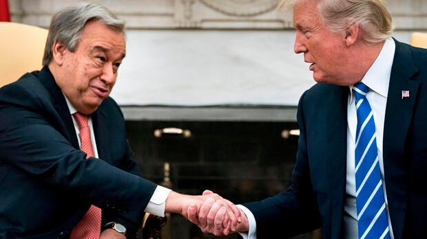 U.N. Secretary-General Antonio Guterres and President Trump shake hands before a meeting in the Oval Office of the White House in Washington on Oct. 20, 2017.