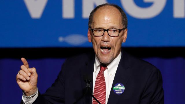 Democratic National Committee Chairman Perez speaks at Northam's election night rally in Fairfax 