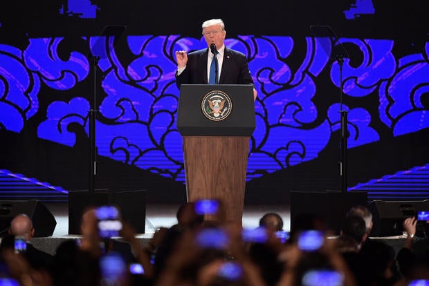 U.S. President Donald Trump speaks on the final day of the APEC CEO Summit, part of the broader Asia-Pacific Economic Cooperation (APEC) leaders' summit, in Danang