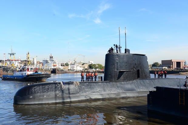 The Argentine military submarine ARA San Juan and crew are seen leaving the port of Buenos Aires