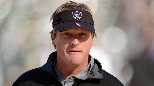 Former head coach of the Oakland Raiders and current ESPN "Monday Night Football" Analyst Jon Gruden looks on during pre-game warm-ups before an NFL football game between the New Orleans Saints and Oakland Raiders at O.co Coliseum on Nov. 18, 2012, in Oak 