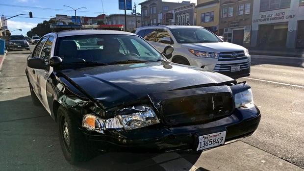 One of Two SFPD patrol cars damaged on Geary Blvd. Saturday Jan. 6, 2017 