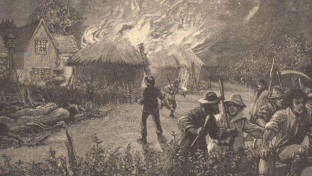 Kentish agricultural workers attacking a farm at night, c1830. Ricks were burned and machinery, particularly threshing machines, wee smashed because the labourers thought they were threatening their jobs and depressing their wages. Engraving c1890. 