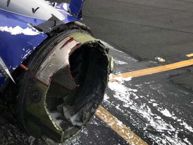 An engine on Southwest Airlines Flight 1380 is seen after the Boeing 737 made an emergency landing at Philadelphia International Airport on April 17, 2018.