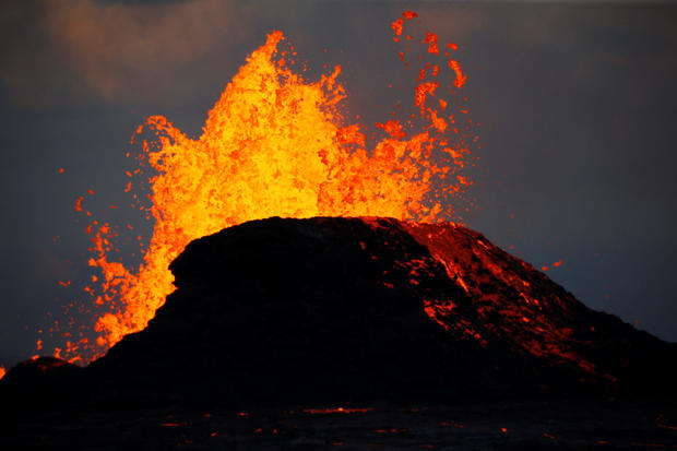Lava gushes from a fissure eruption of the Kilauea Volcano in the Leilani Estates near Pahoa, Hawaii 