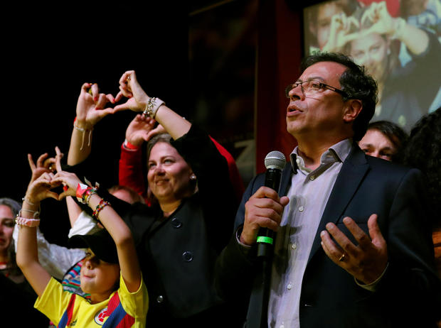 Colombian presidential candidate Gustavo Petro speaks to supporters and the news media after polls closed in Bogota 