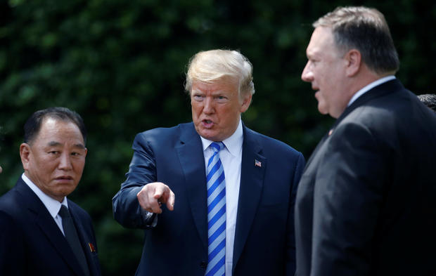 North Korean envoy Kim Yong Chol talks with President Trump at the White House in Washington 