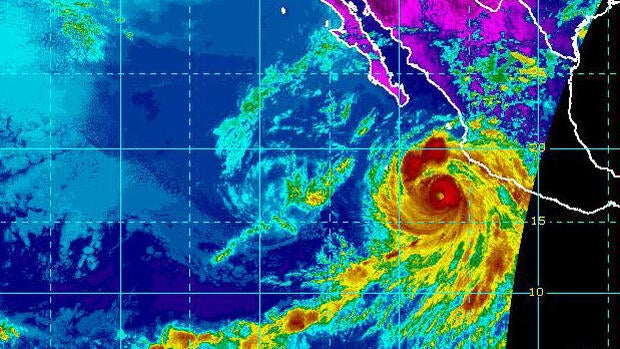 Hurricane Bud is seen along Mexico's Pacific coast in an infrared satellite image capture at 2:30 p.m. ET on June 11, 2018.