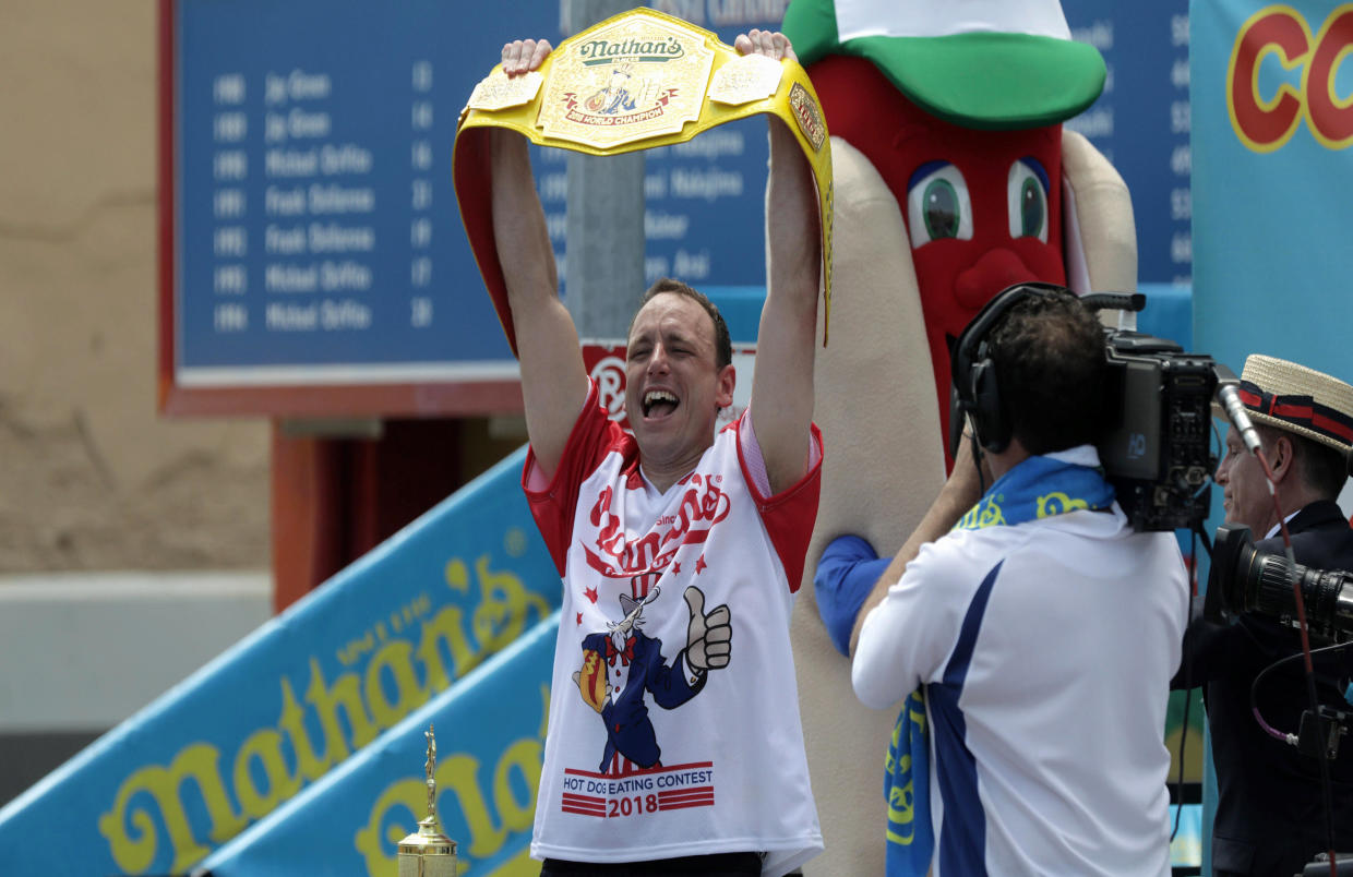 Nathan's Famous hot dog eating contest winners Joey Chestnut, Miki