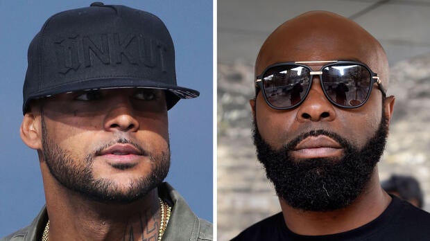 This combination of pictures made on Aug. 1, 2018, shows French rapper Booba, left, on May 19, 2014, in Cannes, France, and French rapper Kaaris on March 25, 2015, in Paris.