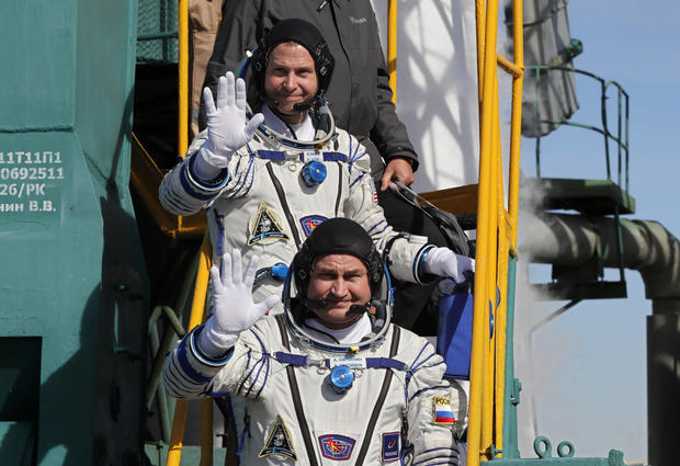 International Space Station (ISS) crew members board the Soyuz MS-10 spacecraft for the launch at the Baikonur Cosmodrome, Kazakhstan 