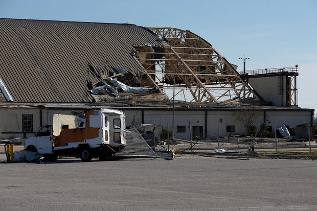 An aircraft hangar damaged by Hurricane Michael is seen at Tyndall Air Force Base 