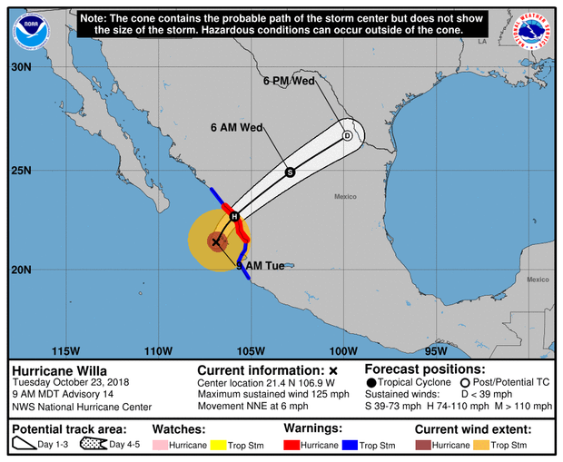 A map made by the U.S. National Hurricane Center shows the projected path for Hurricane Willa as of 11 a.m. ET on Oct. 23, 2018. 