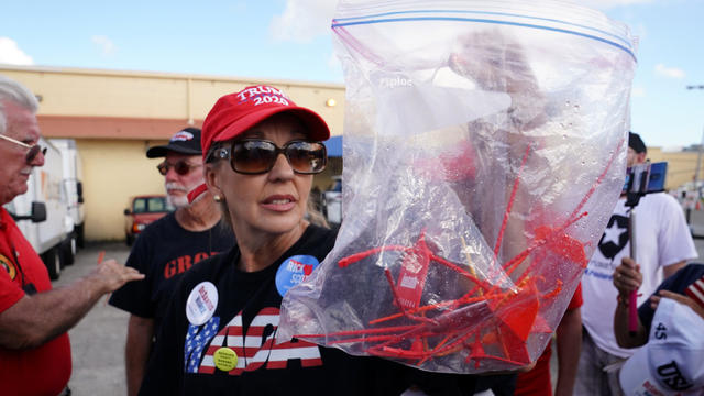 A woman holds a bag of plastic seals as she says were found outside Broward County election offices during a ballot recount in Lauderhill 