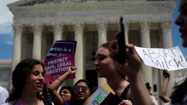 Women demonstrate at a protest against anti-abortion legislation at the U.S. Supreme Court in Washington