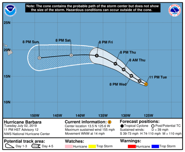 A map shows the projected path of Hurricane Barbara as of 5 a.m. ET July 3, 2019. 