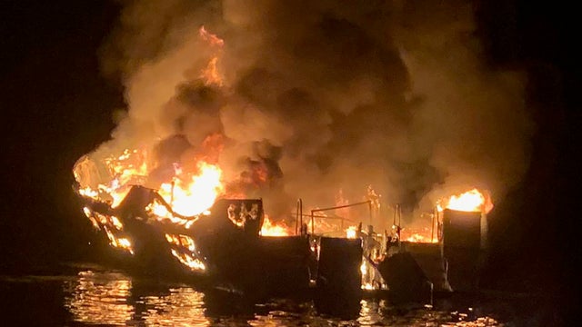 A diving vessel burns off the coast of Southern California on September 2, 2019. 