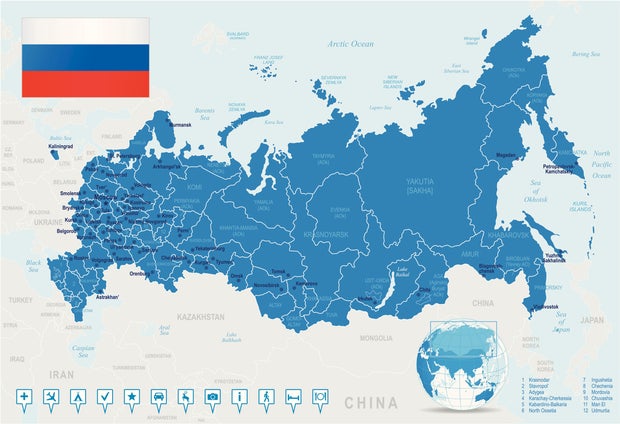Map of Russia - states, cities, flag, navigation icons