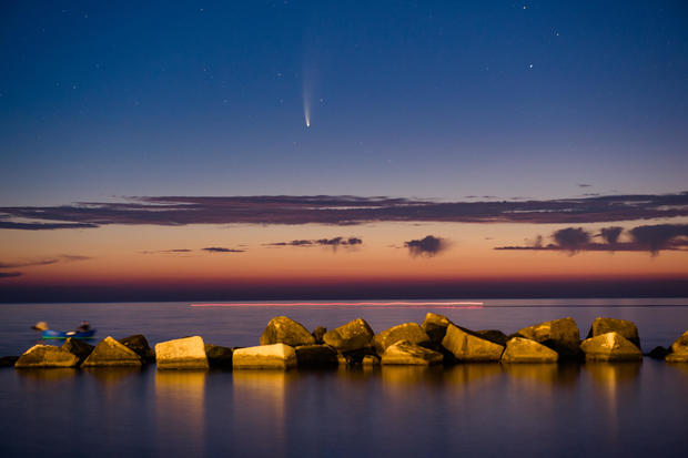 Comet Neowise Shining Above The Port Of Molfetta 