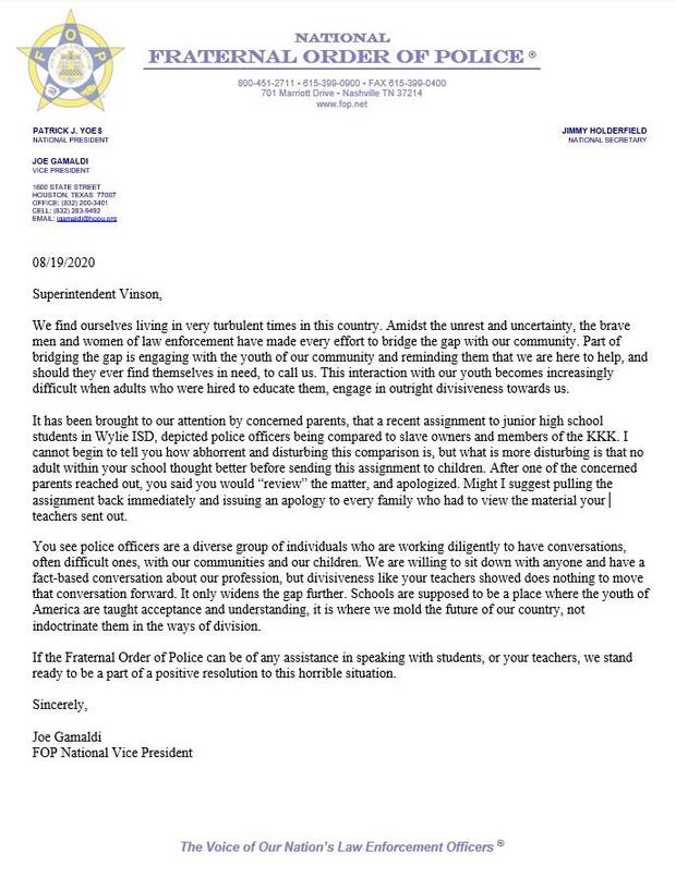 National FOP letter to Wylie ISD Superintendent 