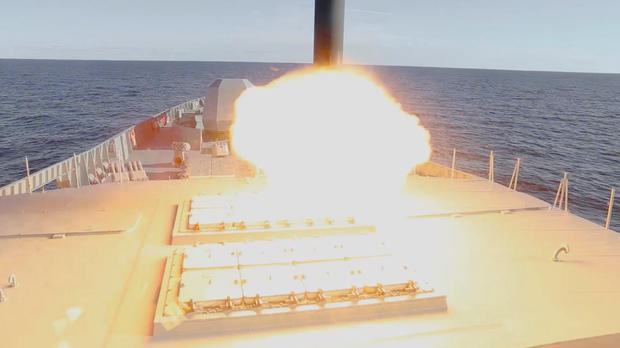 Tsirkon (Zircon) hypersonic cruise missile is launched from the Russian guided missile frigate Admiral Gorshkov during a test in the White Sea 