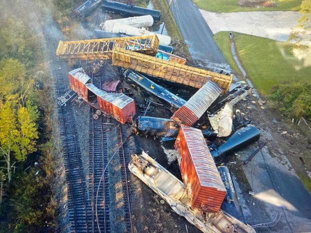 An aerial image from a drone shows train cars scattered over tracks after a derailment in Mauriceville, Texas, on October 29, 2020. 