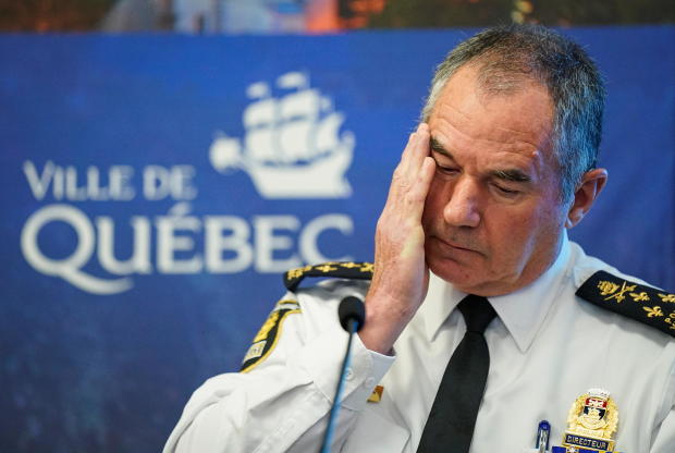 Robert Pigeon, chief of police, speaks during a news conference at the city hall in Quebec City 