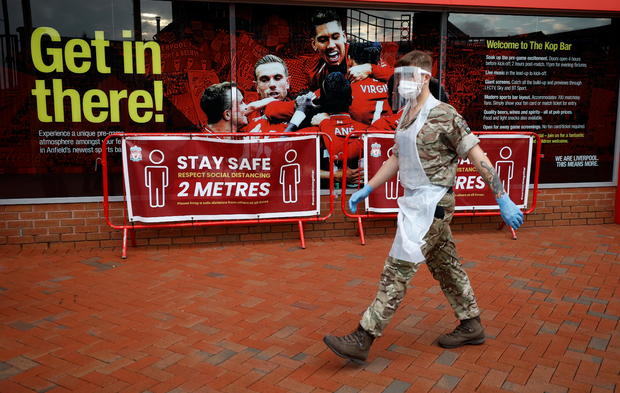 Soldiers from the Royal Artillery regiment operate a coronavirus disease (COVID 19) testing centre at Liverpool Football Club's Anfield stadium in Liverpool, Britain 