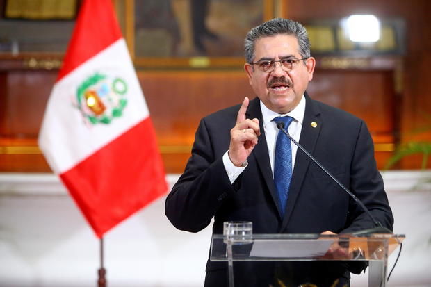 Peru's interim President Manuel Merino announces his resignation in a televised address, in Lima 