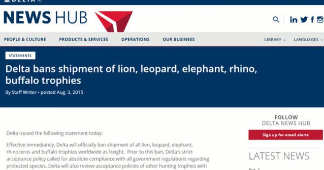 Delta bans transporting endangered animal trophies