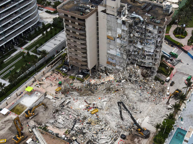 Aerial views aftermath of the Surfside Collapse in Florida 